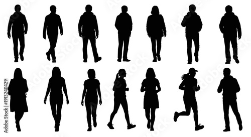 Silhouettes of people walking and running captured in a clean, minimalist style, showcasing diverse poses and body types in a top-down perspective