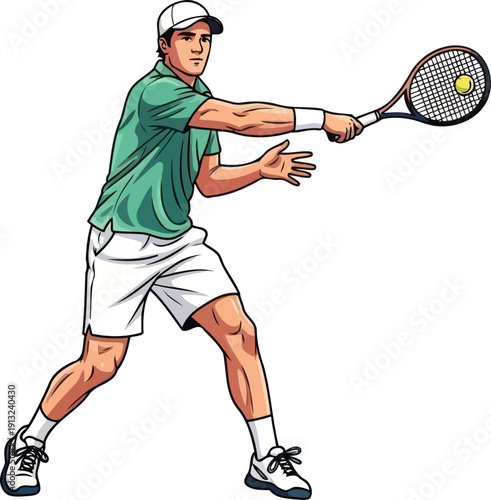 Strong tennis player hitting ball with powerful swing wearing green shirt and white shorts