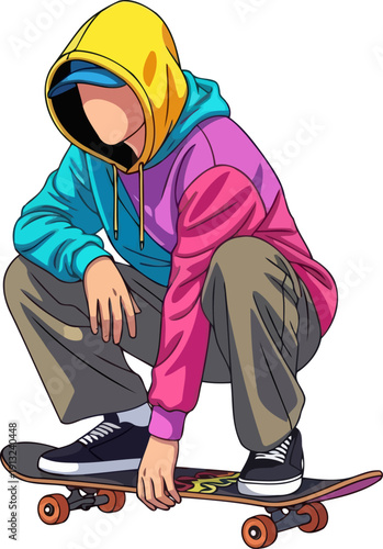 Stylish skateboarder in colorful pink and blue hoodie crouching low on board for stability