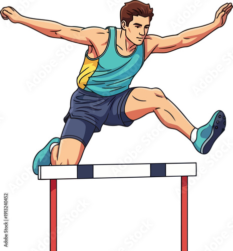 Strong track athlete jumping over a hurdle during a high-speed sprint race