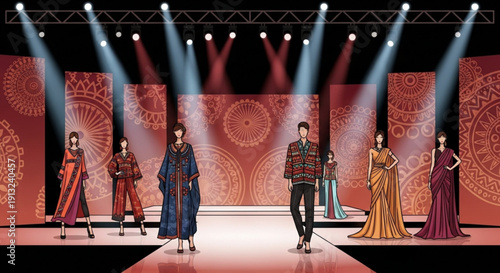 Fashion models walking down a catwalk in elegant evening wear on a brightly lit stage with red backdrop