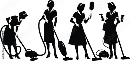 Housekeeping service women silhouettes with vacuum cleaner, duster and spray bottle isolated on white background for cleaning and domestic work design