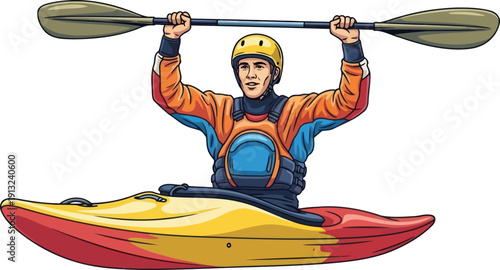Triumphant male kayaker raising paddle in celebration wearing yellow helmet and orange gear