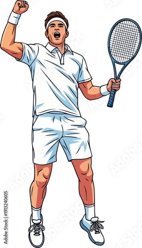Victorious tennis player cheering with racket in hand wearing white uniform after final match