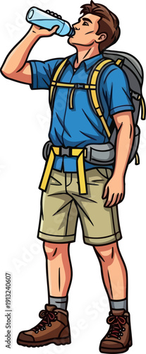 Thirsty male hiker drinking fresh water from bottle while wearing heavy outdoor backpack equipment