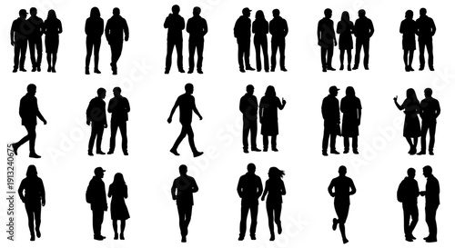A collection of silhouette illustrations showcasing diverse individuals in various poses and interactions, perfect for graphic design and conceptual projects