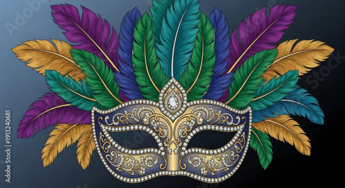 Vibrant mardi gras mask with colorful feathers and gold details on dark background