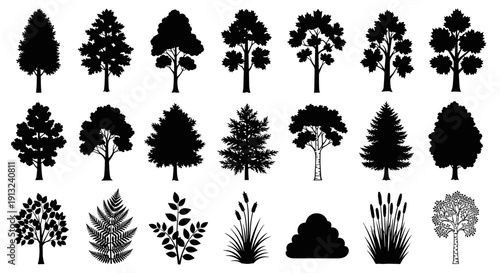 Collection of various stylized trees, plants, and shrubbery silhouettes for graphic design, landscape illustration, and outdoor scene creation