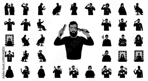 A visually striking collection of diverse illustrations depicting various barbering techniques and hairstyles, showcasing professional grooming and personal care