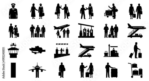 A collection of airport and travel-related icons, featuring airplanes, control towers, passengers with luggage, and service vehicles, representing the journey and logistics of air travel