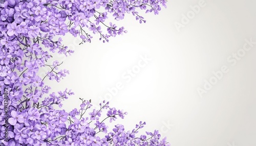 Light purple spring flowers creating a border on a white background. Floral invitation or greeting card template. Nature themed design element.