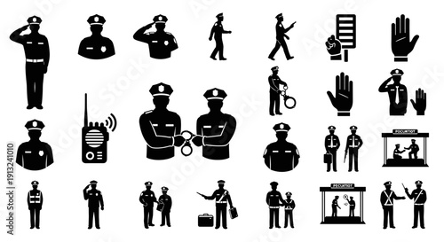 Police officer icons representing various duties, including law enforcement, security, and public safety actions