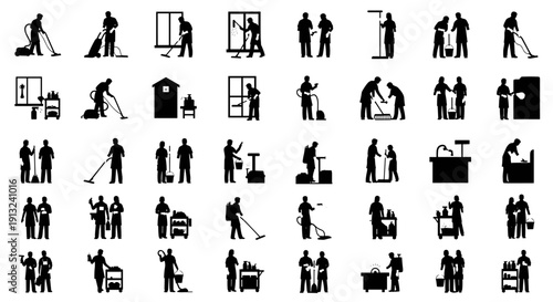 A comprehensive collection of silhouette icons depicting various cleaning services, housekeeping, janitorial tasks, and professional sanitation activities for commercial and domestic use