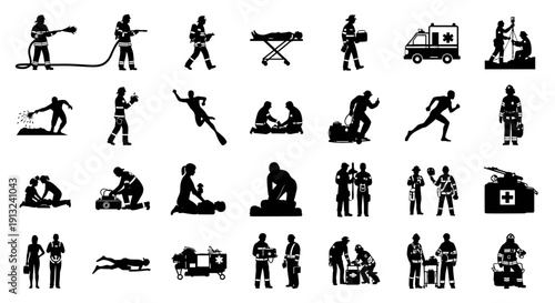 Comprehensive set of vector silhouettes representing diverse emergency services, showcasing first responders, rescue operations, and crucial medical assistance