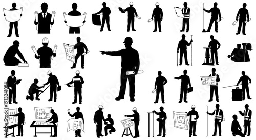 Diverse collection of professional silhouettes depicting engineers, architects, and construction workers collaborating on design, planning, and building projects, ideal for industry-related visuals