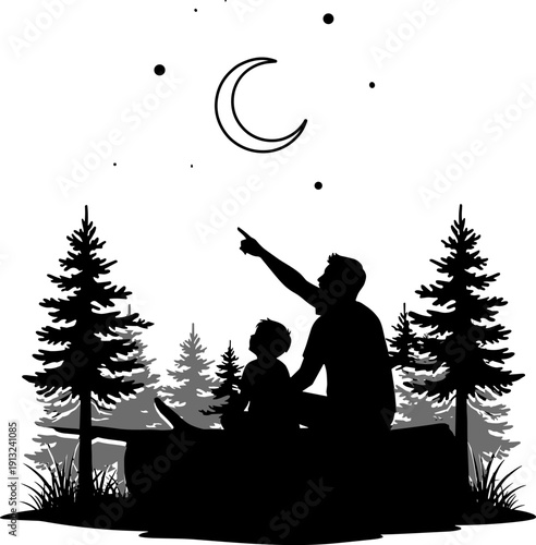 Father's day  Father and Son Camping Silhouette Vector: Dad Pointing to Stars and Crescent Moon in the Night Sky surrounded by Pine Trees - Family Nature Adventure Illustration.