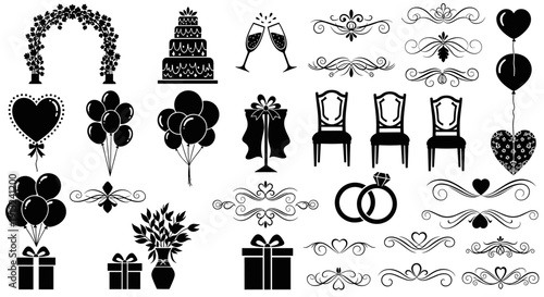 Collection of celebratory design elements, including wedding cake, balloons, gift boxes, champagne glasses, floral arrangements, and decorative ornaments for special occasions and events