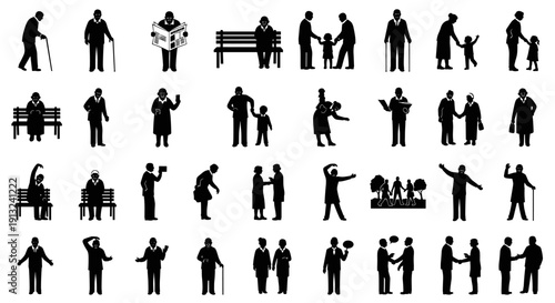 Comprehensive Silhouettes Showcasing the Variety of Human Interactions Among Senior Adults and Intergenerational Groups, Depicting Active Lifestyles, Daily Routines, and Community Engagement