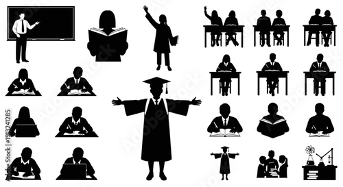 Vector Icon Set of Academic Life Diverse Silhouettes Representing Teachers, Studying Students, Learning Processes, and Graduation Achievements