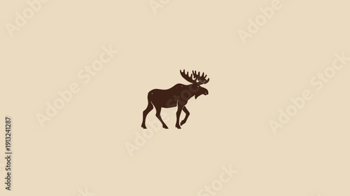 A silhouette of a moose walking to the right, in brown against a beige background