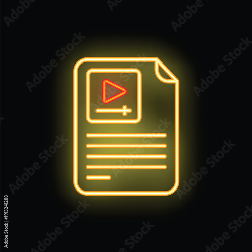 Neon icon of a video file is glowing, representing multimedia content