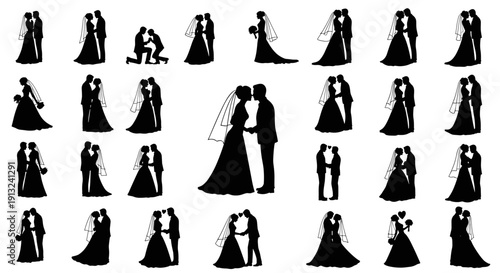 Collection of wedding couple silhouette illustrations, capturing romantic moments and bridal poses in various artistic depictions, perfect for event invitations, decorations, and design elements