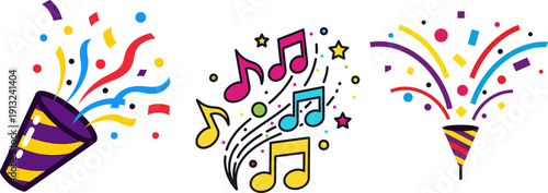 Festive party poppers exploding with colorful confetti and musical notes for events