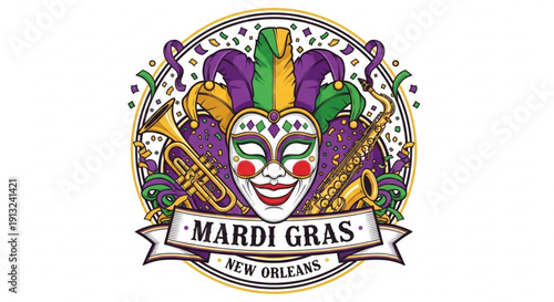 Mardi gras new orleans colorful jester mask with musical instruments and confetti