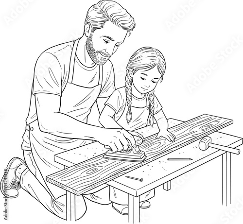 Father's day Father-Daughter Bonding Time: Vector Coloring Page of Dad Teaching Daughter Woodworking, Sanding Wood Plank Together, DIY Home Improvement Craft Activity Line Art Illustration.