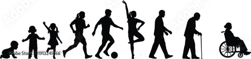 Silhouette illustration of human life stages from baby to elderly, progression showing childhood, adulthood, aging, vector artwork representing development and growth