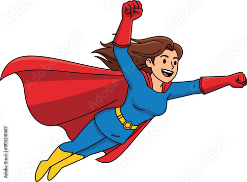 Powerful Cartoon Superhero Woman Character Flying With A Red Cape And Blue Suit For Justice Strength Heroism Or Comic Book Adventure Concept Vector Illustration Isolated On White