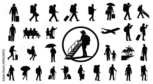 Comprehensive collection of diverse travel icons depicting various human activities and journeys, perfect for illustrating global exploration, vacation experiences, and transportation concepts