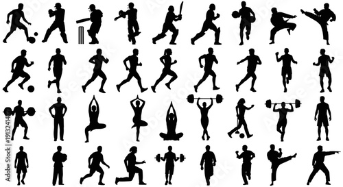 Collection of silhouettes depicting various sports and fitness activities, including running, weightlifting, yoga, and martial arts, showcasing active lifestyles and physical exertion