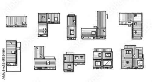 Collection of architectural drawings of modular building units.