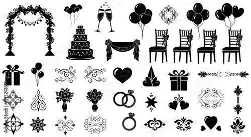 Elegant collection of silhouette wedding and celebration graphic elements, including cakes, rings, arches, balloons, and decorative motifs for event design