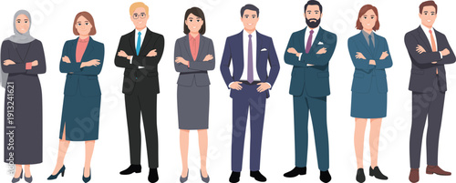 Diverse group of business professionals standing with arms crossed in attire business people