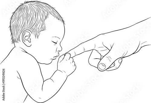 Father's day Tender Moment: Newborn Baby Grasping Adult Finger Line Art Vector Illustration – Symbol of Love,  and Parental Bonding, Perfect for Baby Shower Designs or Minimalist Motherhood Concepts.
