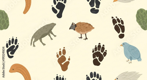 Animal tracks and creatures on beige background wildlife footprints pattern