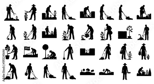 Gardening Silhouette Collection A Comprehensive Set of Icons Depicting Various Gardening Activities and Elements, Perfect for Digital and Print Design Projects