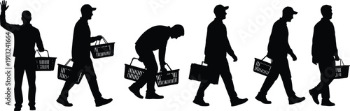 Silhouette illustration of six people with shopping basket, walking, waving, bending, standing, human motion sequence vector artwork for lifestyle design