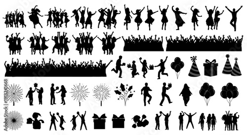 Diverse collection of silhouette icons representing celebration, joy, and various activities, perfect for graphic design and event planning projects
