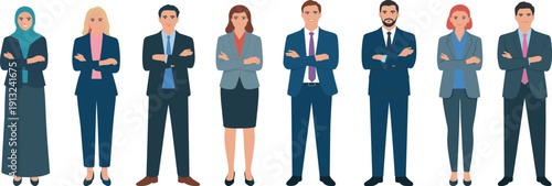 Diverse group of business professionals standing with arms crossed on white background