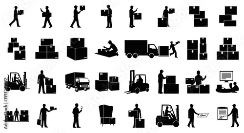 Extensive Collection of Black Silhouette Icons for Logistics and Delivery Workers Handling Packages, Forklifts, and Shipping Operations with Diverse Cargo Concepts