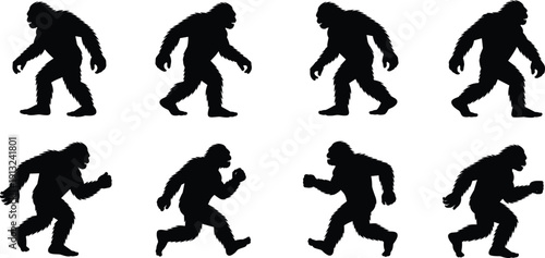Eight black silhouettes of a Bigfoot creature in various walking and running poses against a white background