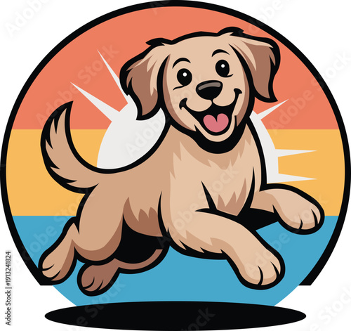 Happy Golden Retriever Puppy Running in Sunset Circle