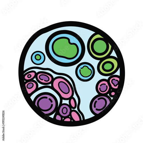 Abstract colorful illustration of cells and microorganisms in a circular frame viewed from above