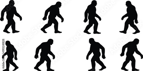 Eight black silhouettes of a walking bigfoot creature on a white background sasquatch