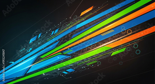 Abstract colorful lines and shapes on dark background.