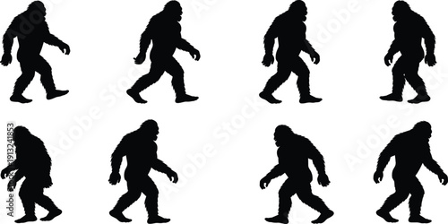 Eight black silhouettes of Bigfoot walking in profile against a white background