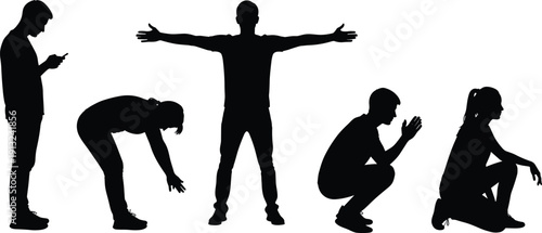 Silhouette people in various poses including standing, stretching, squatting, sitting, and balancing, representing lifestyle, posture, and activity vector illustration design